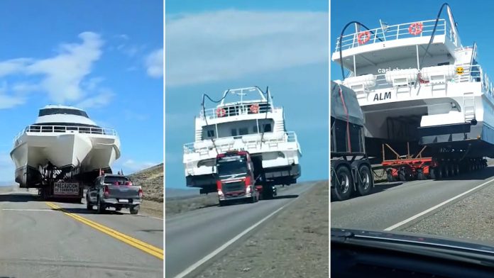 Una familia se cruzó con un enorme barco en plena Ruta 40 y el video se volvió viral